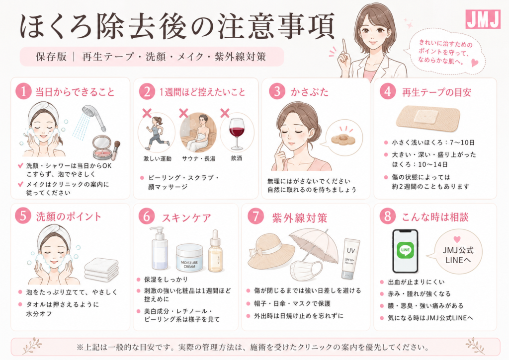 ほくろ除去後の注意事項をまとめたJMJの案内画像。再生テープの目安、小さく浅いほくろは7〜10日、大きい・深い・盛り上がったほくろは10〜14日、傷の状態によっては約2週間。洗顔・シャワーは当日から可能、泡でやさしく洗いタオルで押さえるように拭く。1週間は激しい運動、サウナ、長湯、飲酒、ピーリングやスクラブを控える。かさぶたは無理にはがさない。保湿をしっかり行い、刺激の強い化粧品は約1週間控える。傷が閉じるまでは強い日差しを避け、帽子・日傘・マスクで保護し、外出時は日焼け止めを使用。出血が止まりにくい、赤みや腫れが強くなる、膿・悪臭・強い痛みがある場合はJMJ公式LINEへ相談するよう案内している。