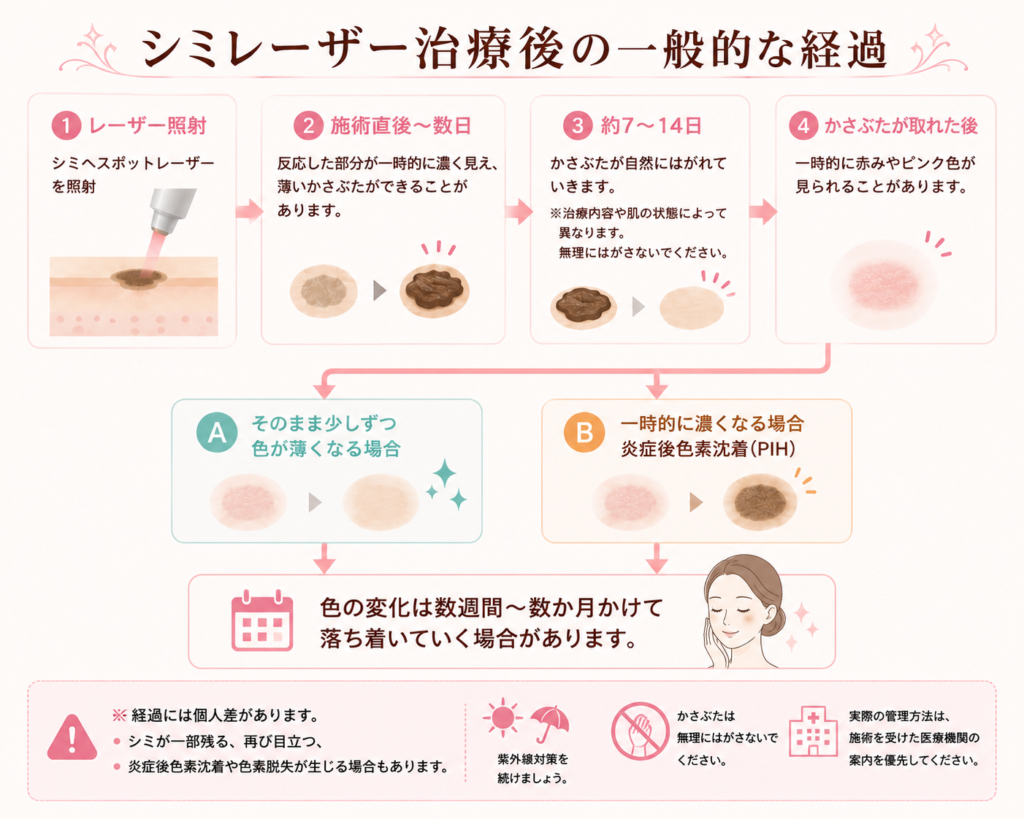 シミレーザー治療後の一般的な経過をまとめた日本語のインフォグラフィック。1：シミへスポットレーザーを照射。2：施術直後から数日は、反応した部分が一時的に濃く見え、薄いかさぶたができることがある。3：約7～14日で、かさぶたが自然にはがれていく。治療内容や肌の状態によって異なり、無理にはがさないよう案内している。4：かさぶたが取れた後は、一時的に赤みやピンク色が見られることがある。その後の経過は2方向に分かれ、Aはそのまま少しずつ色が薄くなる場合、Bは一時的に濃くなる場合で、炎症後色素沈着（PIH）と説明している。最後に、色の変化は数週間から数か月かけて落ち着いていく場合があると案内。下部には、経過には個人差があり、シミが一部残る、再び目立つ、炎症後色素沈着や色素脱失が生じる場合もあること、紫外線対策を続けること、かさぶたは無理にはがさないこと、実際の管理方法は施術を受けた医療機関の案内を優先することが記載されている。