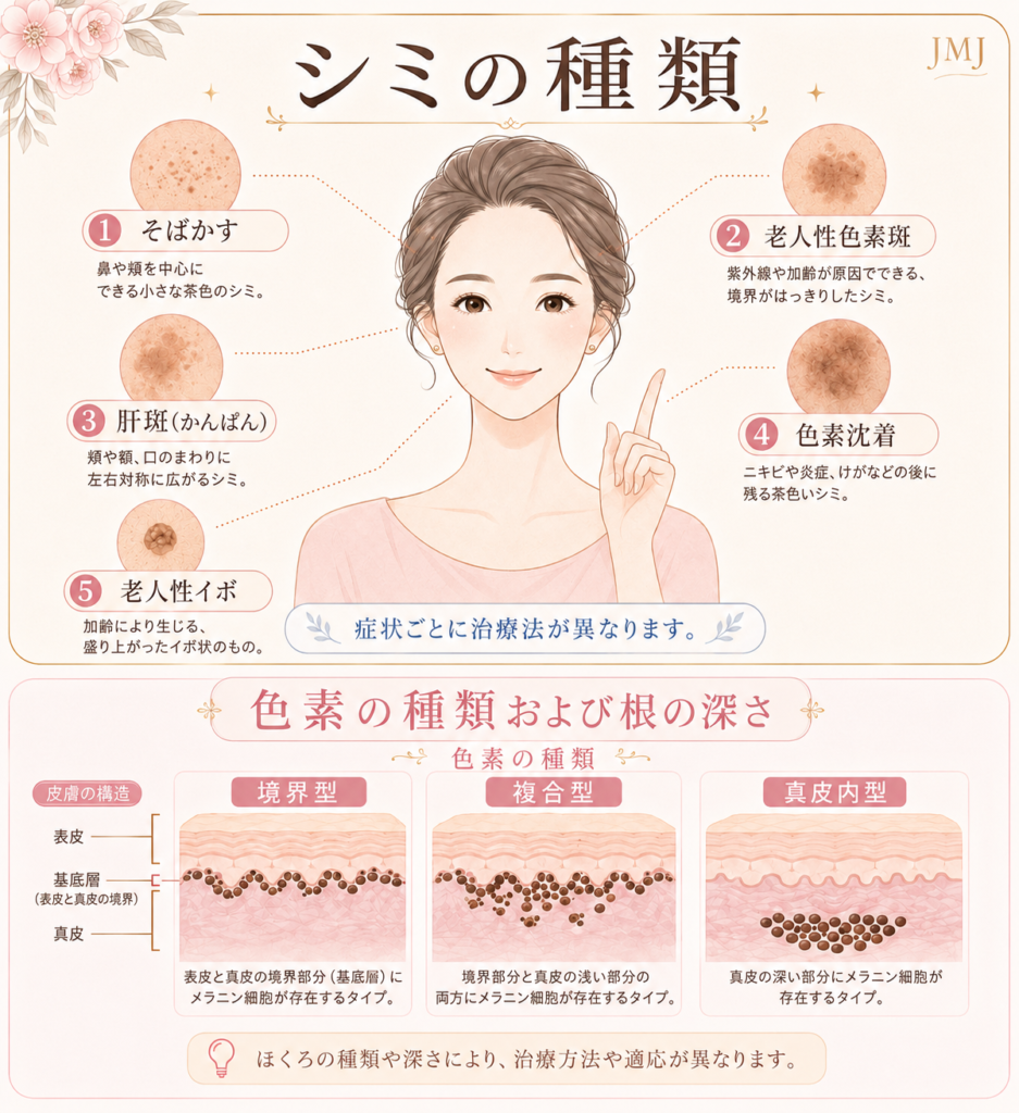 シミや色素の種類と、色素が存在する深さの違いをまとめた日本語のインフォグラフィック。上部では、そばかす、老人性色素斑、肝斑、色素沈着、老人性イボの5種類を、肌の拡大イメージとともに紹介している。そばかすは鼻や頬を中心に見られる小さな茶色のシミ、老人性色素斑は紫外線や加齢が原因でできる境界のはっきりしたシミ、肝斑は頬や口周りに左右対称に広がるシミ、色素沈着はニキビや炎症、けがの後に残る茶色いシミ、老人性イボは加齢により生じる盛り上がったイボ状のものと説明している。下部では、色素の深さを境界型、複合型、真皮内型の3つに分け、表皮、基底層、真皮のどこにメラニン細胞が存在するかを図で示している。色素の種類や深さによって、治療方法や適応が異なることを案内している。